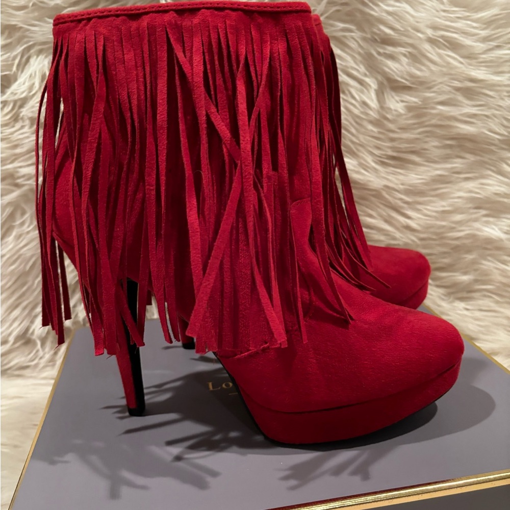 Red fringe suede heeled boots